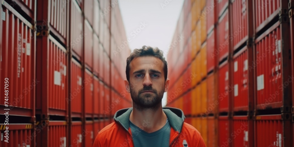 Poster A man standing in front of a row of red shipping containers. Suitable for industrial and transportation concepts