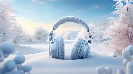 Fotobehang background music, big headphones in winter, snowfall, snowy background music, christmas melody © kichigin19