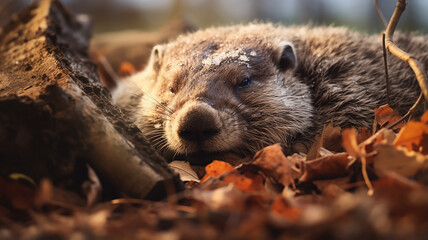 cute fluffy groundhog wakes up in his burrow day, the onset of spring, the change of seasons, prediction in February