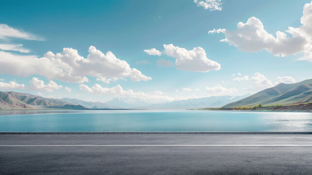 Asphalt road and lake with sky clouds natural scenery in Xinjiang, China.