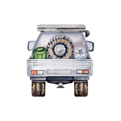 Off road car rear view with spare tyre, car wheel, fuel can, gas bottle element. For tourism, travel, camping, transport designs, prints, fliers. Watercolor illustration on transparent background