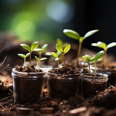 Seedlings of flowers or vegetables, preparation for spring and summer, young shoots sprouting.