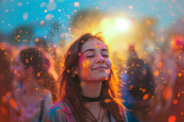 Obraz na płótnie Canvas Radiant Joy: Holi Colors in Sunset Glow. Woman basking in the sunset, her face painted with the vivid hues of Holi, exuding pure bliss.