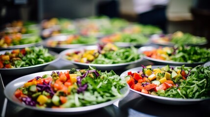 Close-up of a lot of white plates with vegetable salad in the kitchen of a restaurant or hotel. Vegetarian, Vegan, Healthy Food, Fitness and Sports nutrition, Healthy Lifestyle, Fiber and Vitamins.