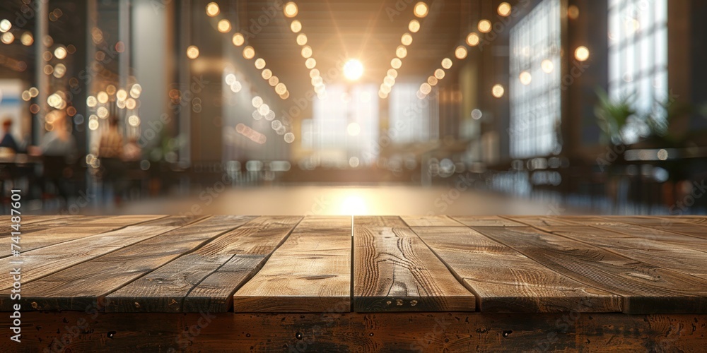 Poster wooden table stands at forefront of blurred cafe interior embodying perfect of functionality and aes