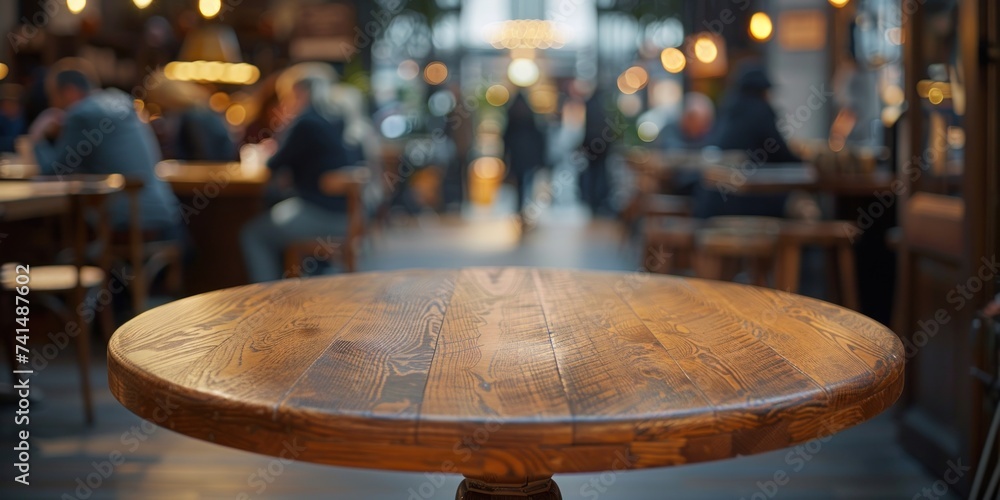 Poster wooden table stands at forefront of blurred cafe interior embodying perfect of functionality and aes