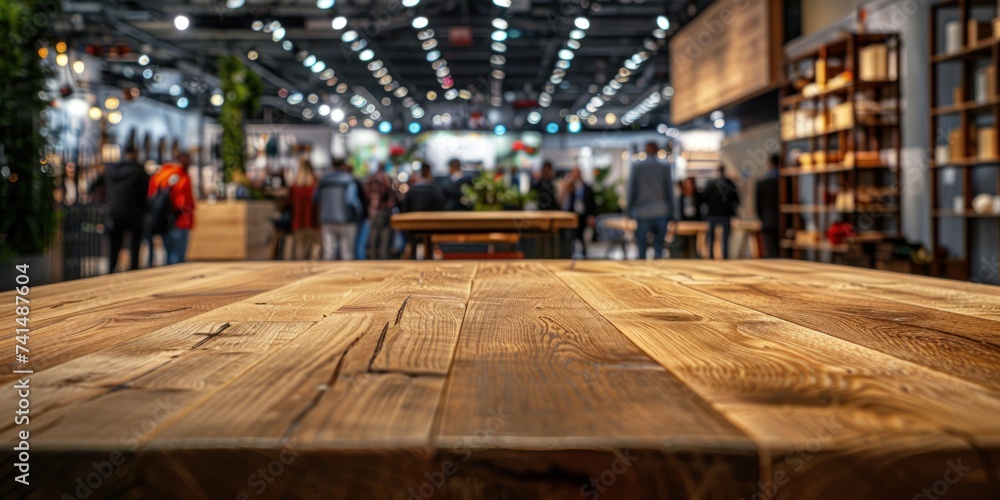 Poster wooden table stands at forefront of blurred cafe interior embodying perfect of functionality and aes