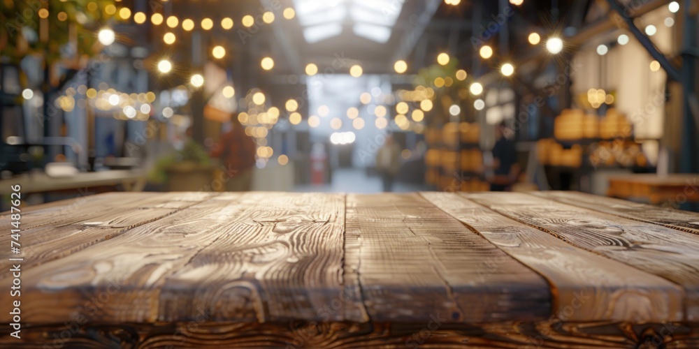 Poster wooden table stands at forefront of blurred cafe interior embodying perfect of functionality and aes