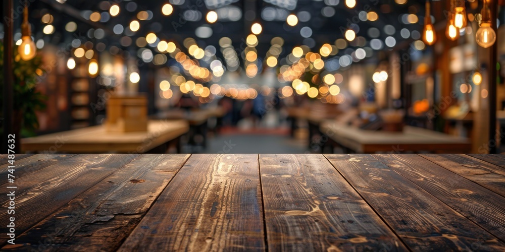 Poster wooden table stands at forefront of blurred cafe interior embodying perfect of functionality and aes