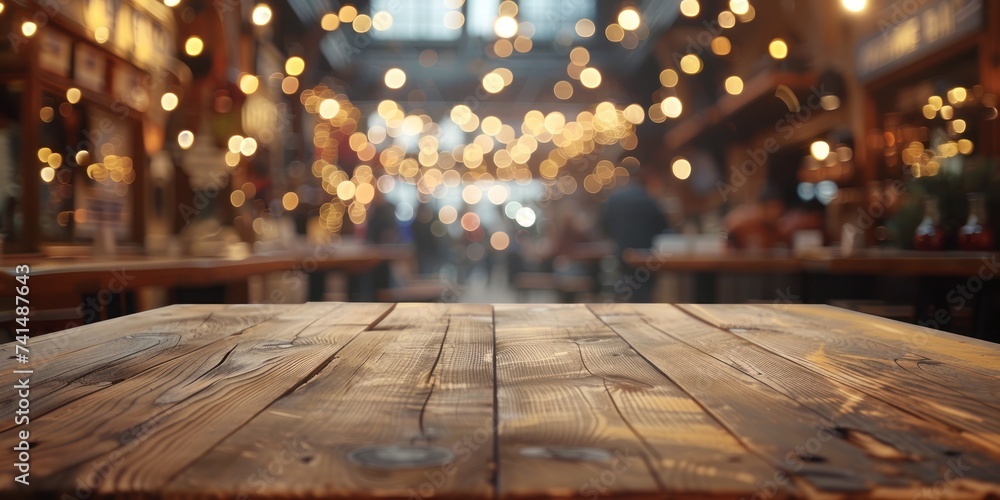 Poster wooden table stands at forefront of blurred cafe interior embodying perfect of functionality and aes