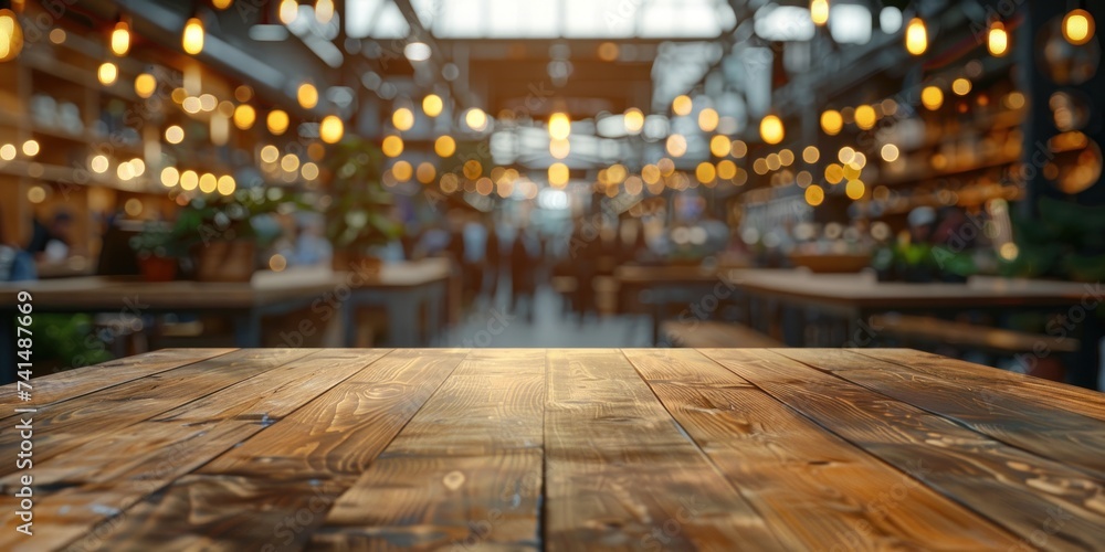 Poster wooden table stands at forefront of blurred cafe interior embodying perfect of functionality and aes
