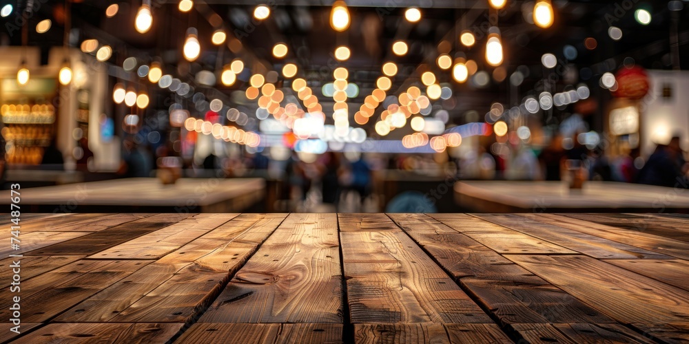Poster wooden table stands at forefront of blurred cafe interior embodying perfect of functionality and aes
