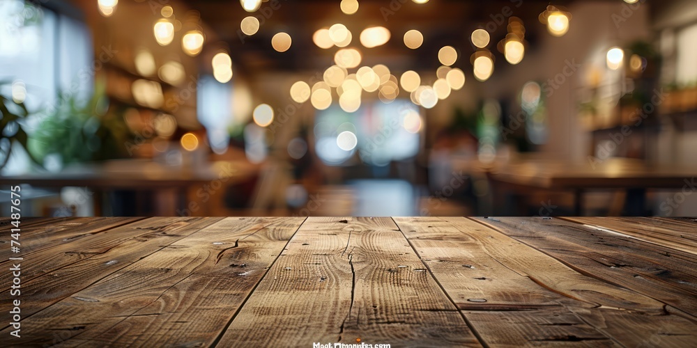 Poster wooden table stands at forefront of blurred cafe interior embodying perfect of functionality and aes