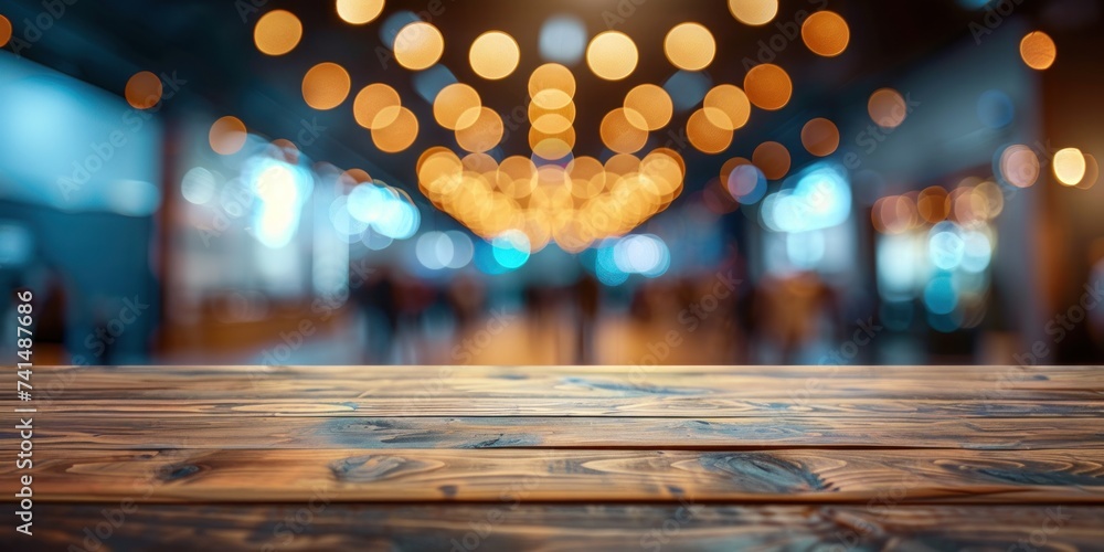 Poster wooden table stands at forefront of blurred cafe interior embodying perfect of functionality and aes