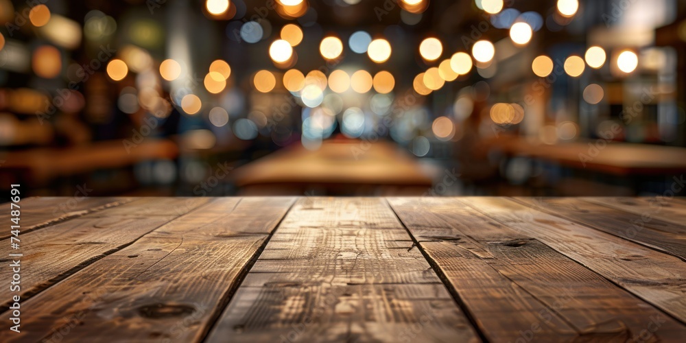 Poster wooden table stands at forefront of blurred cafe interior embodying perfect of functionality and aes