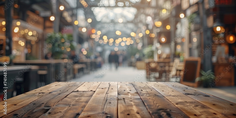 Poster wooden table stands at forefront of blurred cafe interior embodying perfect of functionality and aes