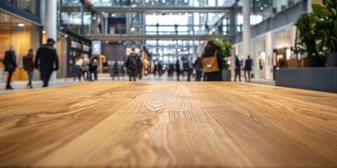 Fototapeta premium Wooden table stands at forefront of blurred cafe interior embodying perfect of functionality and aesthetic allure smooth polished surface bathed in soft light invites array of products