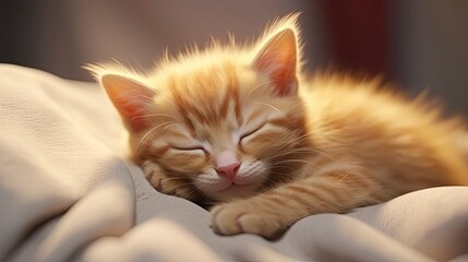 Obraz premium An enchanting ginger kitten basks in a serene sleep, with a blissful expression and a backdrop bathed in a soothing, warm light. The essence of contentment and the simple joy of a pet's peaceful rest.