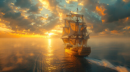 A pure gold galleon sailing on the sea, very imposing, the picture is bright in spring - obrazy, fototapety, plakaty