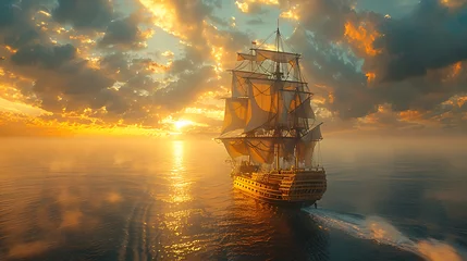 Gordijnen A pure gold galleon sailing on the sea, very imposing, the picture is bright in spring © growth.ai