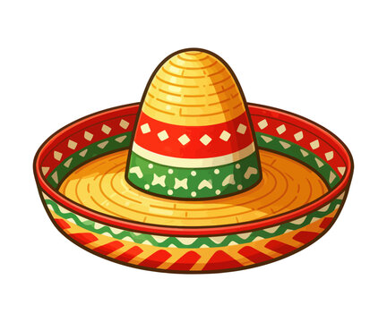 A detailed cartoon vector drawing of a classic Mexican sombrero, featuring its wide brim and high pointed crown, set against a clean white background.