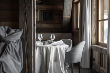 Fototapeta na wymiar luxurious chalet dining space with a table decked in fine linen