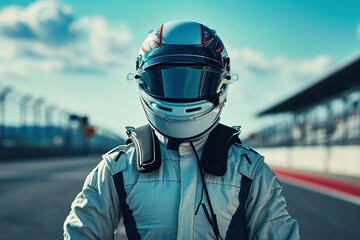 Race track and racer wearing helmet and uniform ready for race