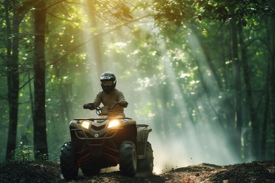 rider wearing a helmet, riding atv under forest canopy, sunlight peeking
