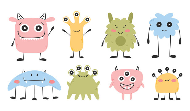 Set with cute monsters in flat style. Hand drawn kids monsters. vector illustration. Isolated mascot.