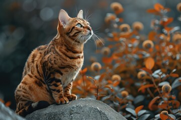 A Bengal cat on a rock amidst vibrant autumn leaves.