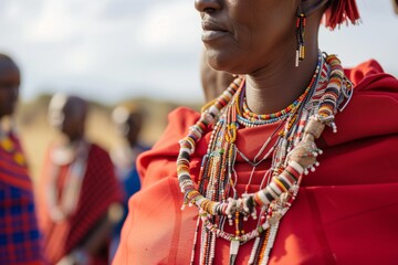 maasai woman in beaded necklaces and red shuka at a tribal ceremony - obrazy, fototapety, plakaty