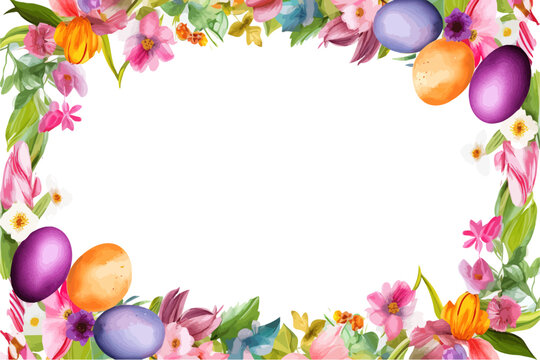 Frame with Easter colored eggs and flowers watercolor. Vector image.