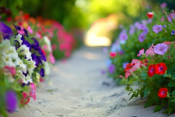 sand path with a blurred bed of multicolored petunias - obrazy, fototapety, plakaty