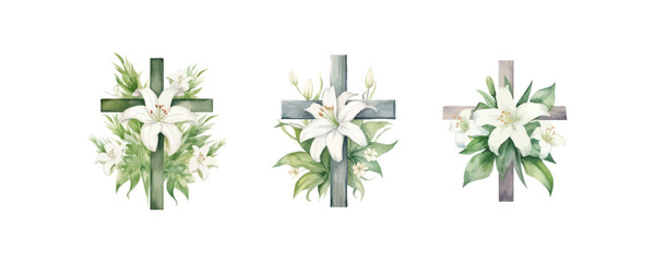 Composition of Christian cross and lily flowers watercolor. Vector image.