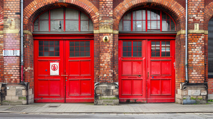 Fototapeta na wymiar Bright red doors of a fire station in Berlin.