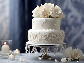 Obraz na płótnie Canvas White festive Elegant multi-tiered wedding cake with roses generative ai