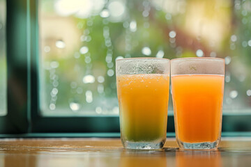 Vasos conteniendo zumo de naranja y kiwi, sobre la repisa de una ventana con fondo de cristal con...