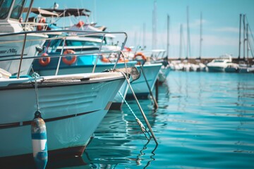 Fototapeta premium Amidst the serene blue waters, a fleet of majestic boats stand docked in the harbor, their masts reaching towards the vast sky, inviting adventure and leisure on the open seas
