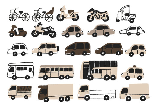 自転車、バイク、乗用車、など色々な乗り物のイラストセット
