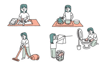 家事をしている主婦のイラストセット © 星野スウ