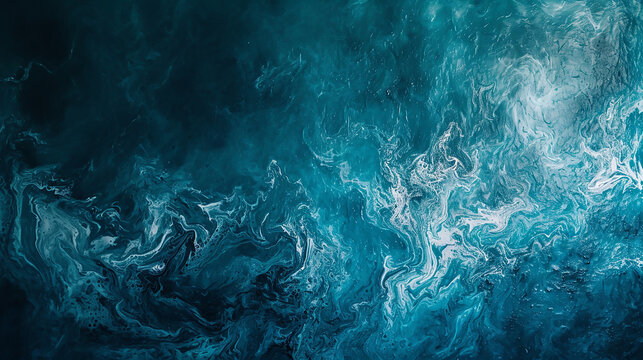 A cerulean blue wall adorned with an abstract, swirling ocean scene, waves forming shapes of marine life and seaweed