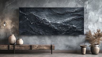 A charcoal grey wall showcasing a dynamic, abstract stormy sea, waves and foam creating outlines of marine flora and fauna