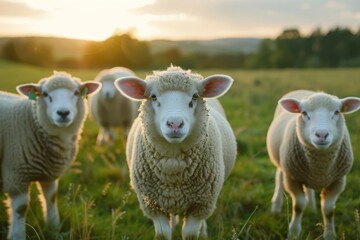 Obraz premium A peaceful herd of sheep stands in a lush green pasture, their soft wool blending into the surrounding grass as they graze under the open sky on the farm