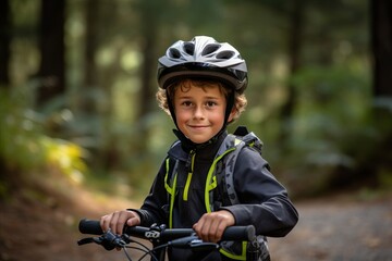 Portrait of a cute little boy with a bicycle in the forest
