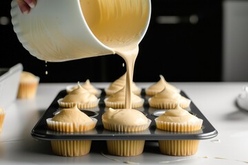 person pouring batter into a cupcake tray