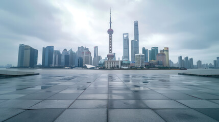 Empty square floor and city skyline with modern buildings scenery in Shanghai.