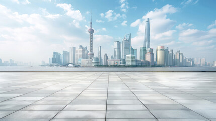 Empty square floor and city skyline with modern buildings scenery in Shanghai.