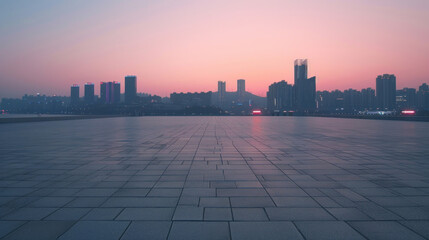 Empty square floor and modern city skyline with buildings at sunset in Ningbo, Zhejiang Province, China.