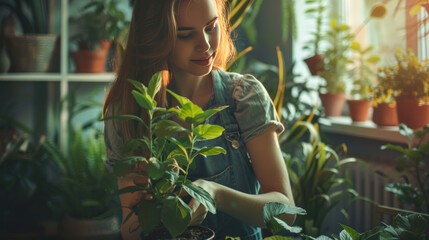 gardening home. Girl replanting green pasture in home garden.indoor garden,room with plants banner Potted green plants at home, home jungle,Garden room gardening, Plant room, Floral decor.