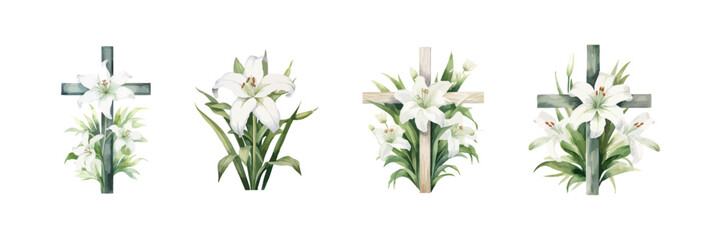 Christian cross and lily flowers watercolor. Vector illustration.